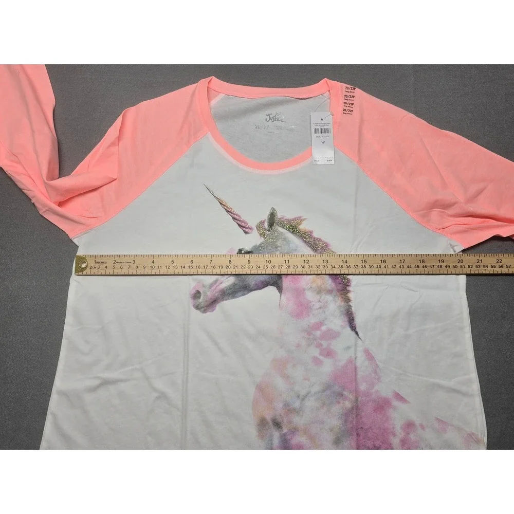Justice Girls Unicorn Raglan Long Sleeve T-Shirt White Peach Plus Size 20/22PL